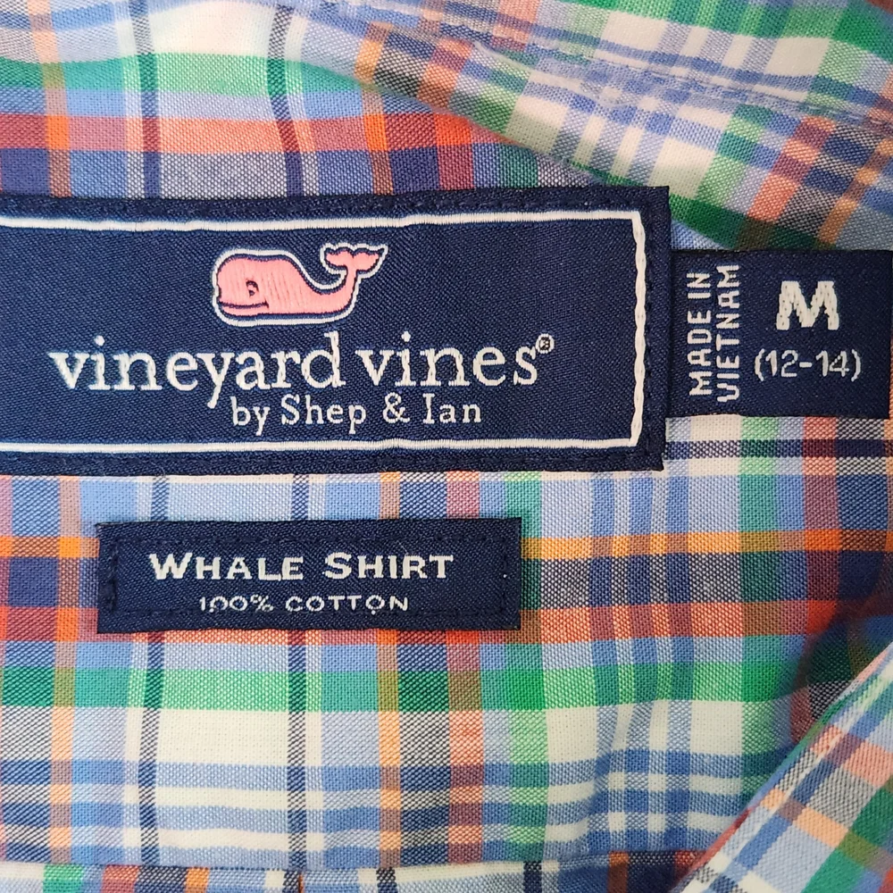 Vineyard Vines Boy's Plaid Button-Down Shirt in Blue and Green Size Medium